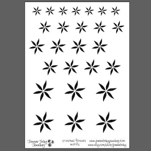 May include: A printable sheet of 20 black pinwheel flower motifs. The sheet is white and has the text "Pinwheel Flowers Motifs" at the bottom.