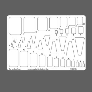May include: A white template with various sized rectangles and triangles for jewelry making. The template is labeled "The Jeweler's Bench" and "Rectangles".