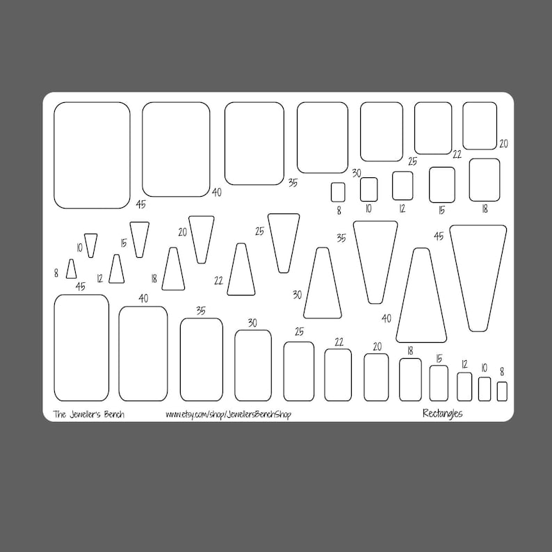 May include: A white template with various sized rectangles and triangles for jewelry making. The template is labeled "The Jeweler's Bench" and "Rectangles".