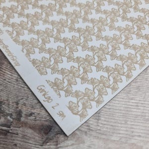 May include: A white sheet featuring a repeating pattern of tan ginkgo leaves. The text "Ginkgo 2 gm" is printed on the sheet. The sheet is angled, revealing a wooden surface.