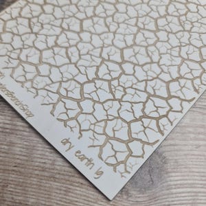 May include: A white card featuring a detailed, textured pattern that mimics cracked earth. The design is in shades of brown, creating a realistic effect. The words "dry earth lg" are printed on the card.