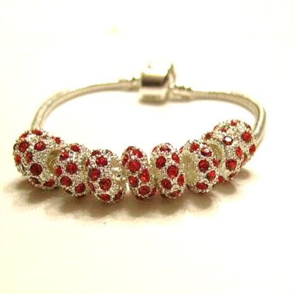 5 Silver & Red Crystal High Quality European Slide Charm Bracelet  / Spacer Bead 10mm