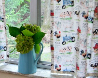 Farmhouse Cafe Curtains: Barnyard Animals, Lace Trim Option . Lightweight Cotton
