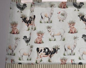 Tab Top Farm Valance . Kitchen Curtains . Tan Pillow Ticking Trim