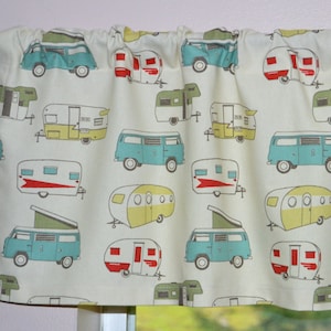 Vintage Camper Valance . Custom Camper Curtains . Cream Background .  Retro Kitchen Teardrop Camper. Turquoise and Red . Shasta Trailer