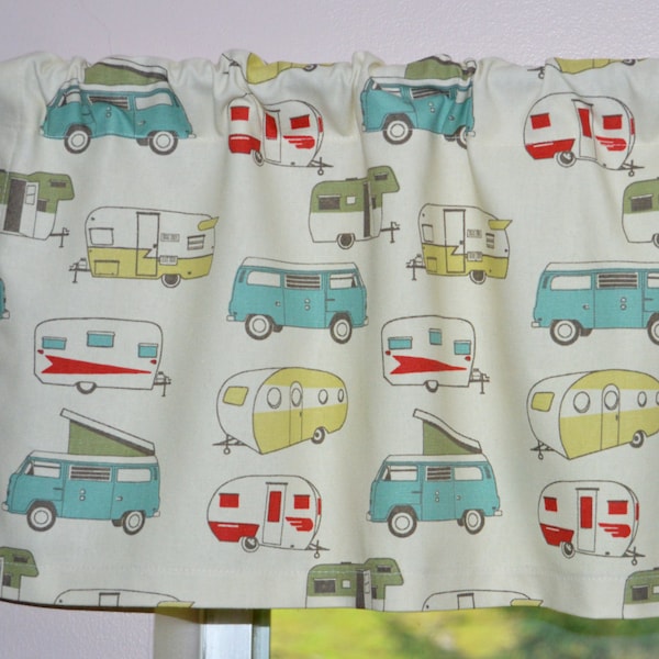 Vintage Camper Valance . Custom Camper Curtains . Cream Background .  Retro Kitchen Teardrop Camper. Turquoise and Red . Shasta Trailer