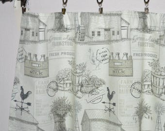 Farmhouse Farm Yard Valance: Charcoal Gray Toile, Country Cottage Decor