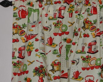 Retro Kitchen Valance: 1950s , Red and Cream Vintage Print . Custom Size Lightweight  Cotton