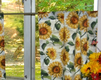Country Sunflower Cafe Curtains . Weathered Wood Background .  Unlined . LAST Pair