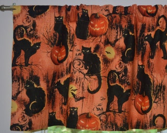 Black Cat Kitchen Valance . Halloween Curtains . Orange Pumpkins, Bats, the Moon and Black Kitty . LIGHTWEIGHT Cotton