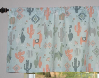 Llama Valance . Southwest Home Decor . Cactus Valance . Ice Blue and Coral . Lined or Unlined . Kitchen Valance . Children's Curtains .