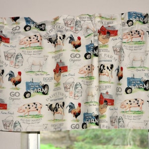 Country Kitchen Farmhouse Valances . Lightweight Cotton . Barnyard Dairy Farm . Roosters . Tractors  . Cottage Curtains