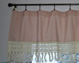 Red Stripe Ticking Valance Crochet Lace Trim Country Etsy