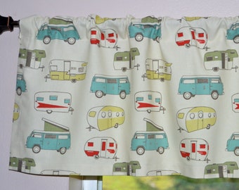 Vintage Camper Valance . Custom Camper Curtains . Cream Background .  Retro Kitchen Teardrop Camper. Turquoise and Red . Shasta Trailer