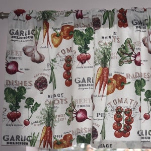 Garden Vegetable Kitchen Valance .  Vibrant Colors . Lined or Unlined . Medium Weight Cotton Fabric.