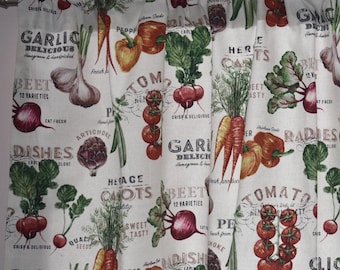 Garden Vegetable Kitchen Valance .  Vibrant Colors . Lined or Unlined . Medium Weight Cotton Fabric.