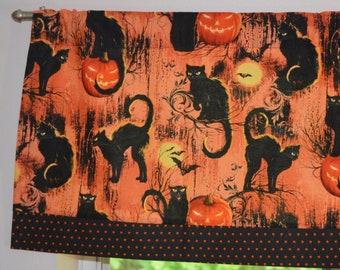 Black Cats and Bats Halloween Valance . Polka Dot Trim . Fall Home Décor . LIGHTWEIGHT Fabric . Lined or Unlined