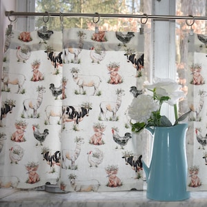Farm Animal Cafe Curtains – Tiered Cow Pig Chicken Llama Print – Lined or Unlined - Duck Canvas Fabric