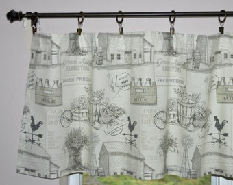 Farmhouse Valance . Farm Toile Rooster Valance . Charcoal Gray and Off White Valance . Country Valance . Cottage Curtains . Unlined or Lined