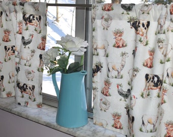 Country Farmhouse Cafe Curtains . Farm Animal Tiers . Lined or Unlined