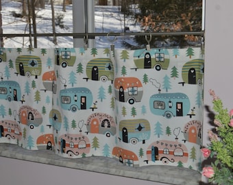 Retro Happy Camper Cafe Curtains  . Kitchen Trailer Curtains  . Travel . Camping . Vintage Trailers