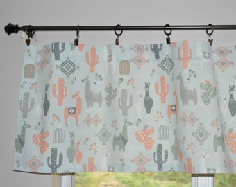 Llama Valance . Southwest Home Decor . Cactus Valance . Ice Blue and Coral . Lined or Unlined . Kitchen Valance . Children's Curtains .