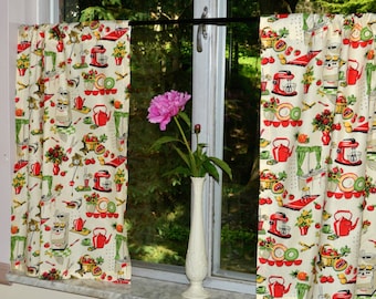 Retro Kitchen Cafe Curtain . Red with Cream Background . Vintage Kitchen Tiers .  Half Curtains . LIGHTWEIGHT . Professionally Sewn