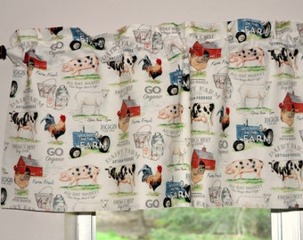 Country Kitchen Farmhouse Valances . Lightweight Cotton . Barnyard Dairy Farm . Roosters . Tractors  . Cottage Curtains