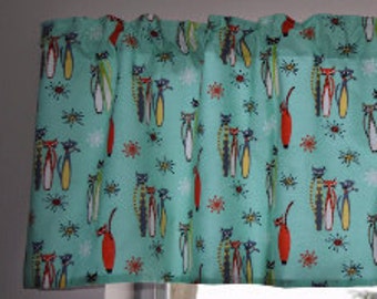 Mid Century Cats Valance . Turquoise Blue Atomic Tabby Curtains .  Michael Miller . Kitty Valance . Retro Cat Curtains . LIGHTWEIGHT