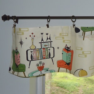 Retro Cozy Cats Den Mini Valance .  Atomic Cats reading Books .  MCM .  Off White Background . Window Topper