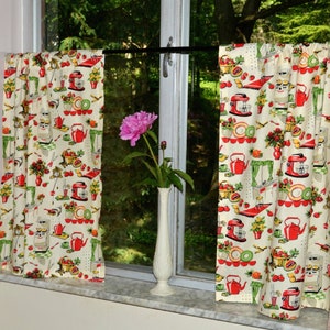 Retro Kitchen Café Curtains . Mid Century Red Vintage Tiers . Cute 50's Window Half Curtains . LIGHTWEIGHT COTTON image 1