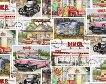 Vintage Cars & Diner Valance: Pink Cadillac, Red Truck, Lightweight Cotton