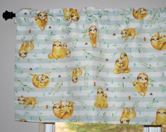 Sloth Valance – Spoonflower Sloth Fabric – Gray Stripe Child's Bedroom or Playroom Curtain