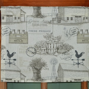 Country Kitchen Farmhouse Curtain Valance . Farm Toile Rooster . Charcoal Gray and Off White Valance . Country Valance . Cottage Curtains