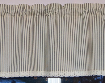 Black French Stripe Ticking Valance . Kitchen Cafe Curtains . French Black and Cream Stripe Ticking with Crochet Lace Trim . Country Valance