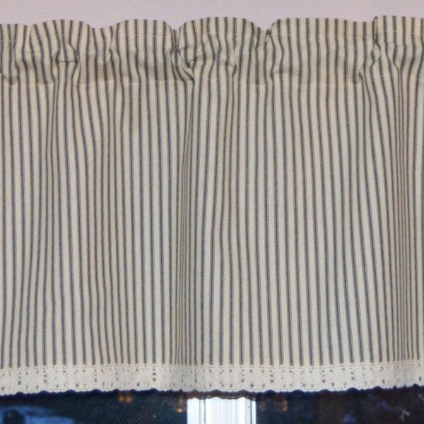 Black French Stripe Ticking Valance . Kitchen Cafe Curtains . French Black and Cream Stripe Ticking with Crochet Lace Trim . Country Valance