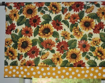 Autumn Sunflower Valance, Gold Polka Dot Trim, Lightweight Cotton