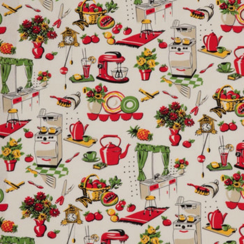 Retro Kitchen Café Curtains . Mid Century Red Vintage Tiers . Cute 50's Window Half Curtains . LIGHTWEIGHT COTTON image 3