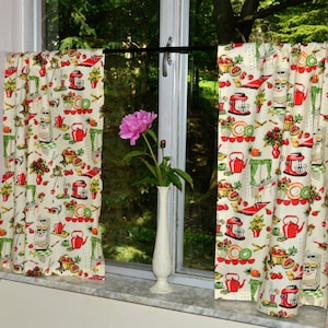 Retro Kitchen Café Curtains . Mid Century Red Vintage Tiers . Cute 50's Window Half Curtains . LIGHTWEIGHT COTTON image 4