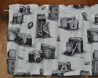 Vintage Camera Valance . Photography Print Curtains . Black and White Curtains . Old Time Cameras . Lined or Unlined . Craft Room Curtain