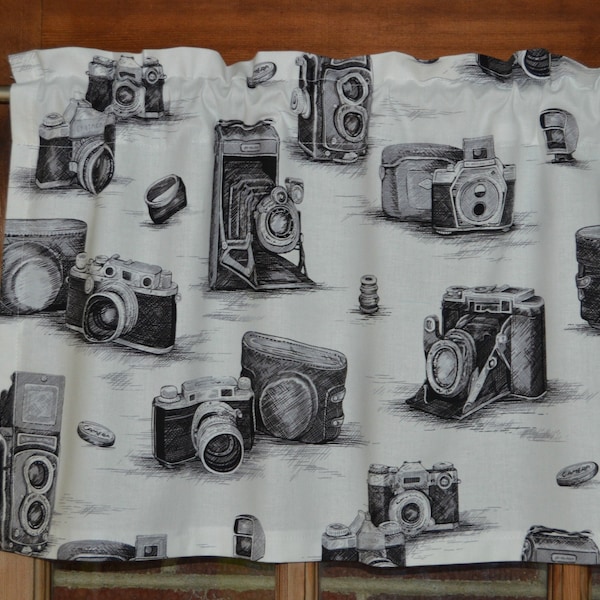 Vintage Camera Valance . Photography Print Curtains . Black and White Curtains . Old Time Cameras . Lined or Unlined . Craft Room Curtain