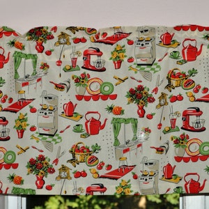 Retro Kitchen Valance . Red with Cream Background . 1950&#39;s Mid Century Vintage Curtain