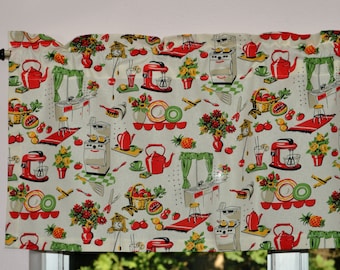 Retro Kitchen Valance . Red with Cream Background . 1950's Mid Century Vintage Curtain