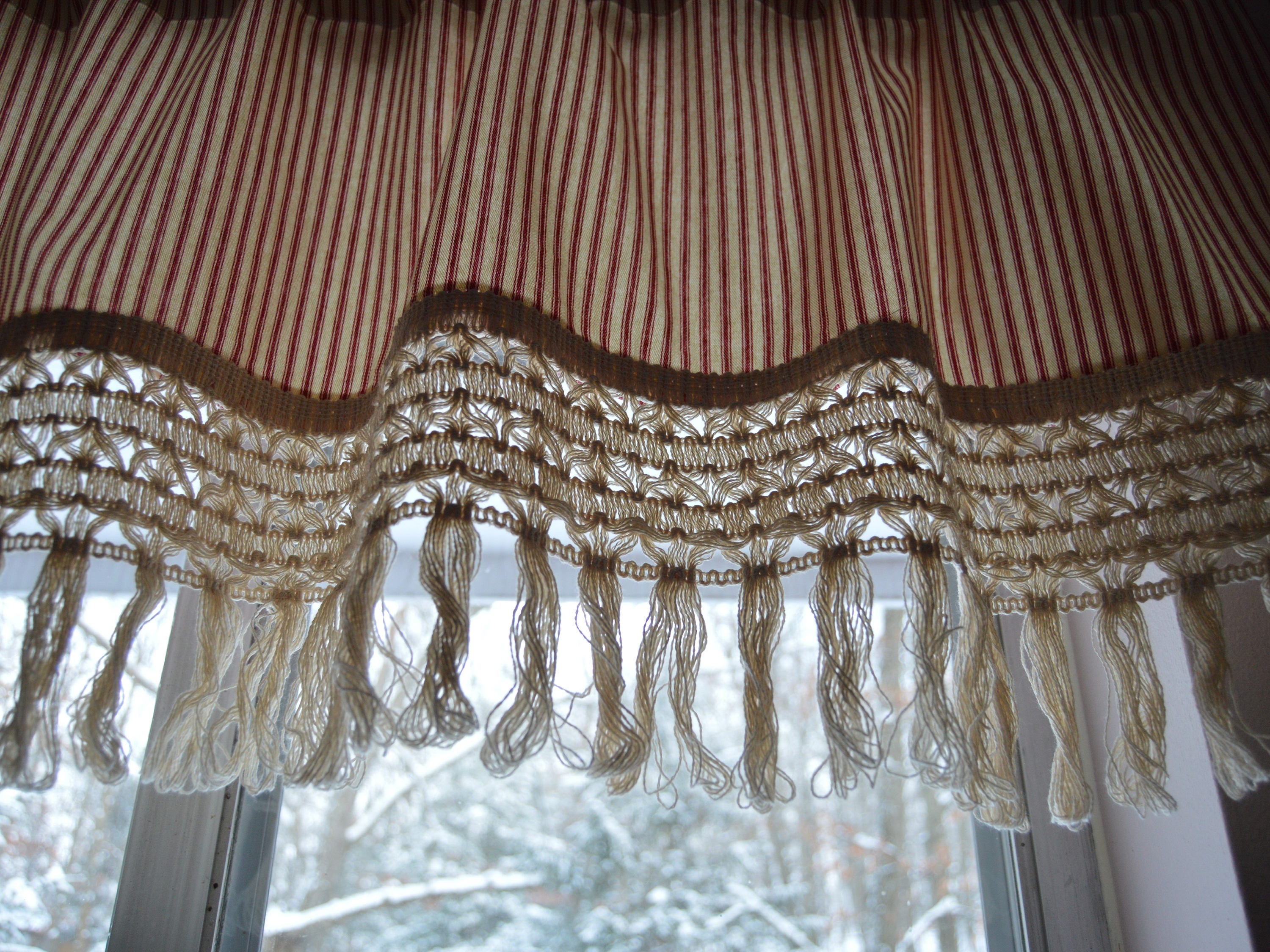 Red Stripe Ticking Valance . Crochet Lace Trim . Country Etsy