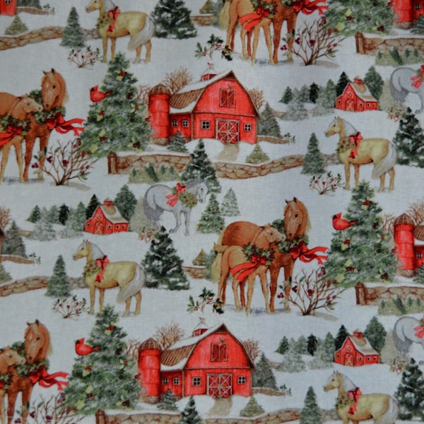 Winter Wonderland  Farmhouse Curtain Valance . Amish Horse and Barn Seasonal Kitchen Curtain . Christmas Valance . Winter Country Curtain .