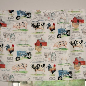 Country Kitchen Farmhouse Valances . Lightweight Cotton . Barnyard Dairy Farm . Roosters . Tractors . Cottage Curtains image 6