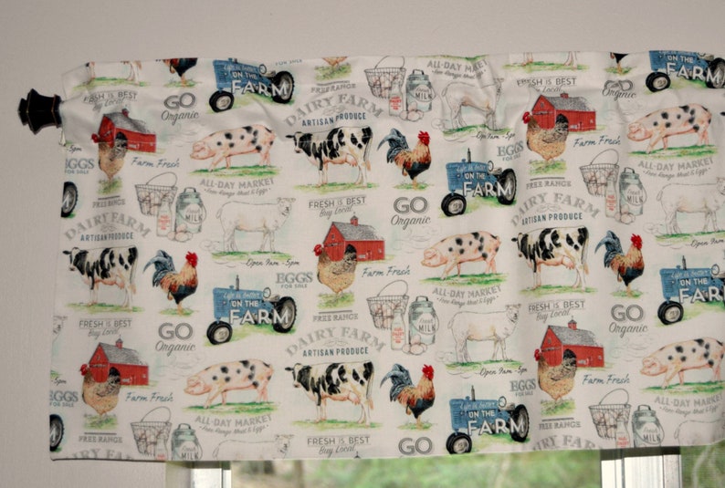 Country Kitchen Farmhouse Valances . Lightweight Cotton . Barnyard Dairy Farm . Roosters . Tractors . Cottage Curtains image 6