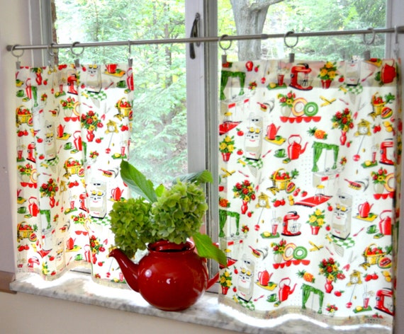 Retro Kitchen Cafe Curtain Red Yellow Green Vintage Kitchen Etsy