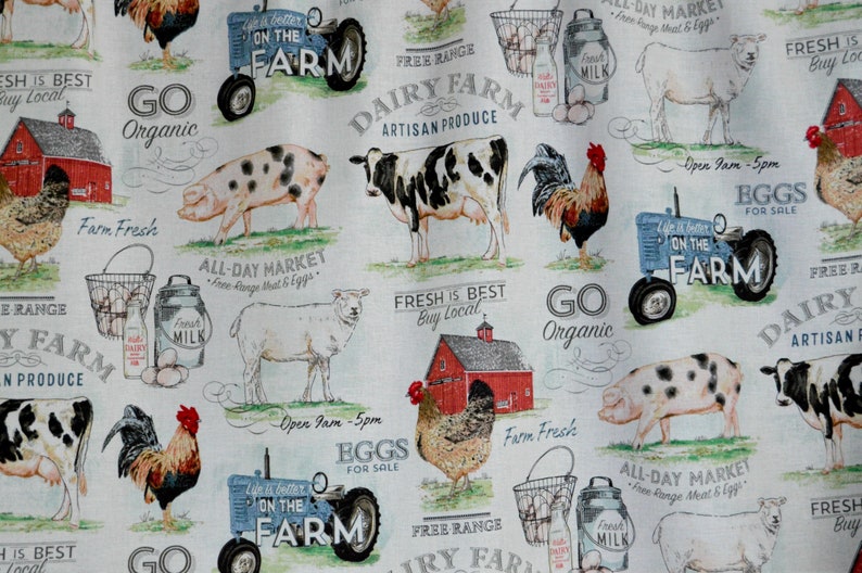 Country Kitchen Farmhouse Valances . Lightweight Cotton . Barnyard Dairy Farm . Roosters . Tractors . Cottage Curtains image 2