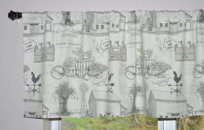 Unlined or Lined Country Valance Farmhouse Valance Cottage Curtains Charcoal Gray and White Valance Farm Toile Rooster Valance